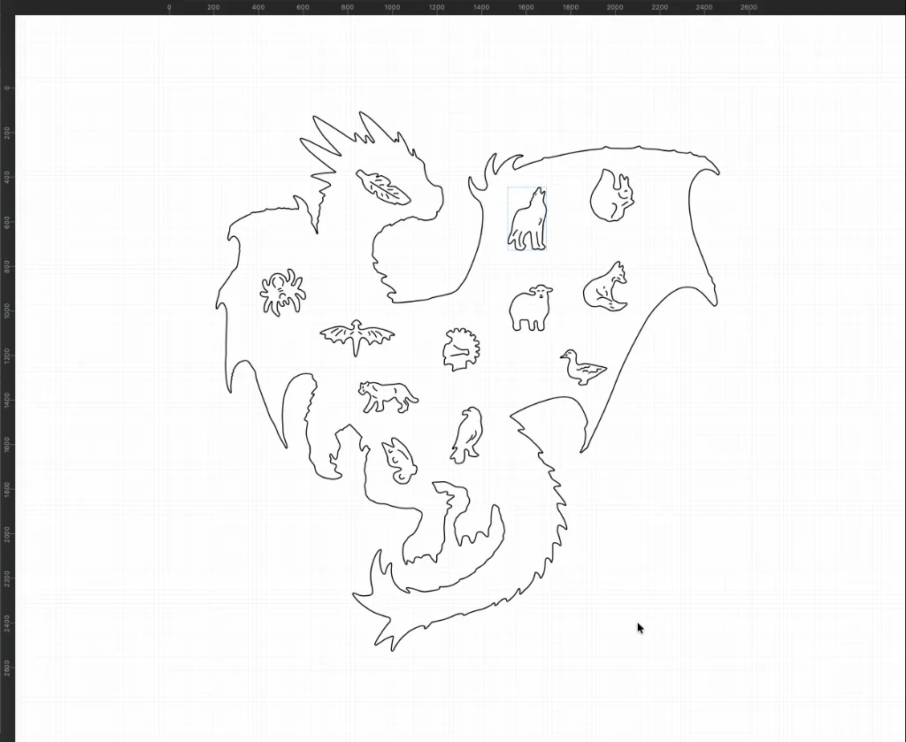 Geometria SVG de drac al llenç de JigsawDesigner amb regles i quadrícula