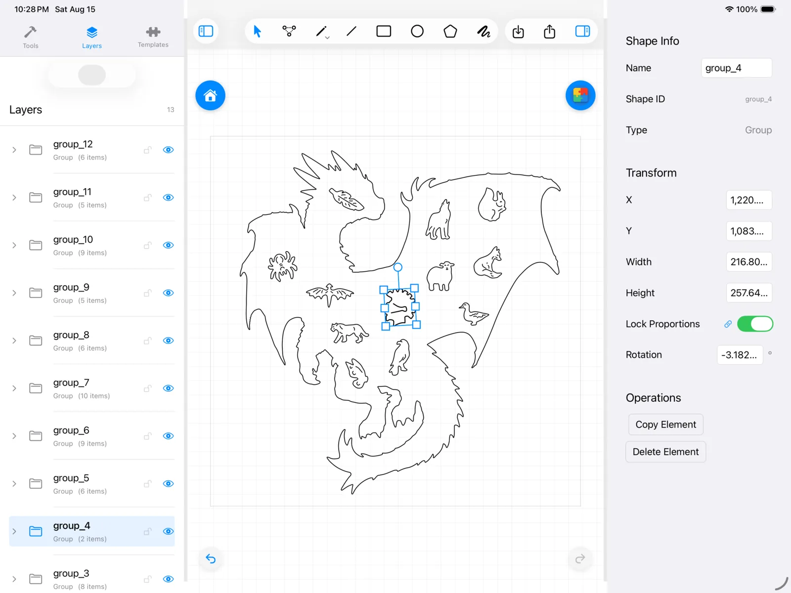 Interfície d’edició vectorial de JigsawDesigner 1.6 a l’iPad