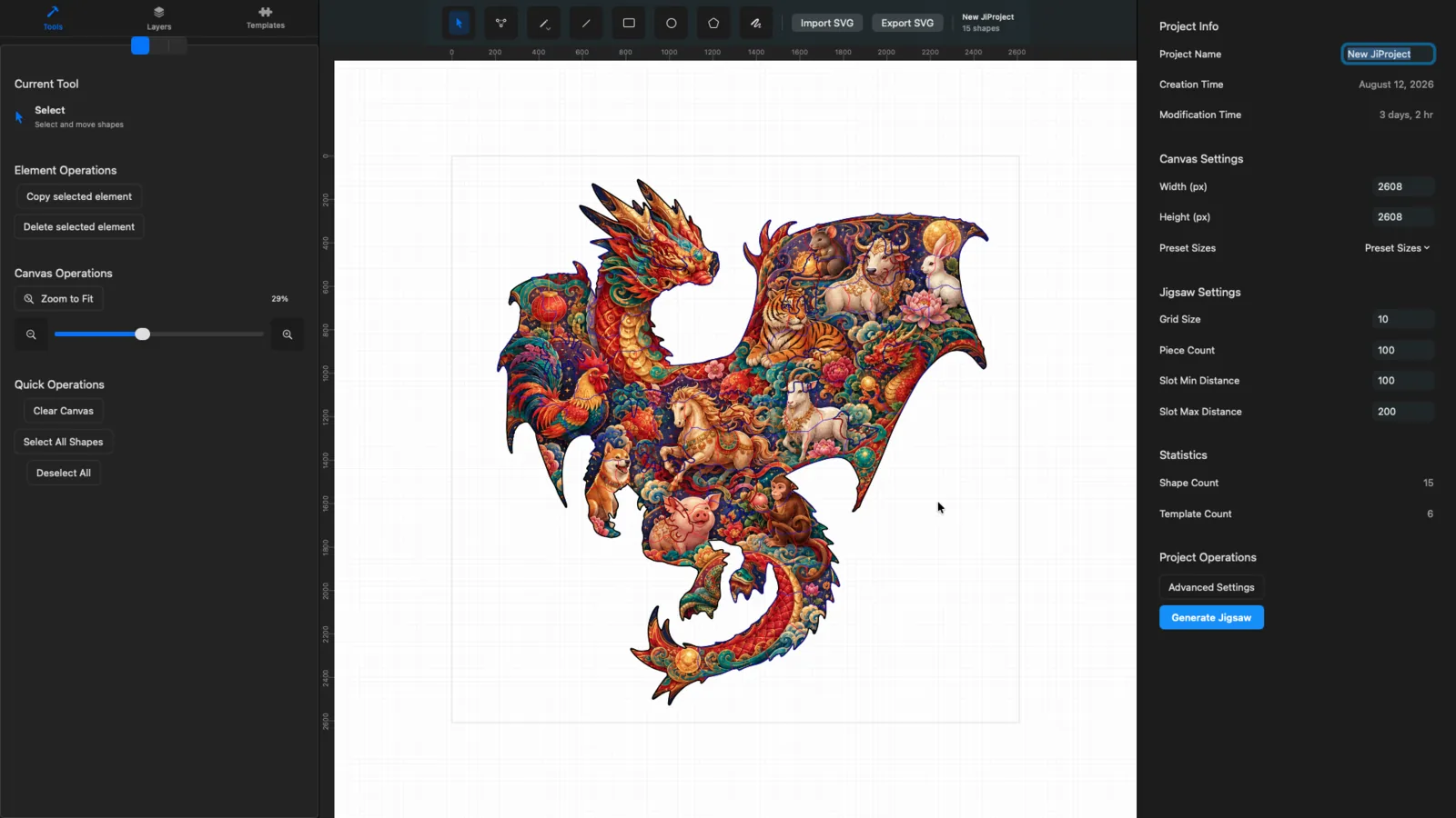 Espai de treball SVG de JigsawDesigner 1.6 al Mac amb un projecte de drac visible
