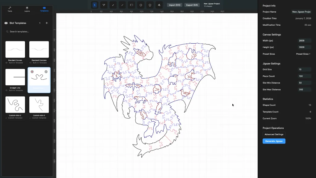 Generated puzzle cutlines in the editor