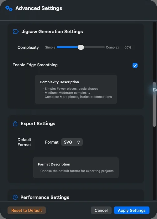 Advanced Settings zobrazuje SVG jako výchozí formát exportu v JigsawDesigner