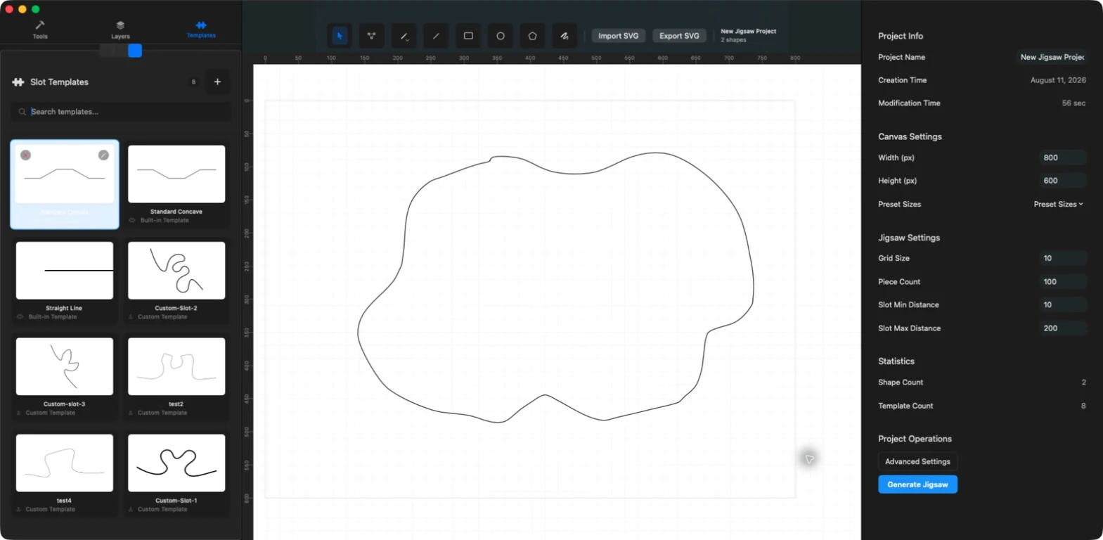A closed boundary and puzzle generation controls ready for a complete JigsawDesigner workflow