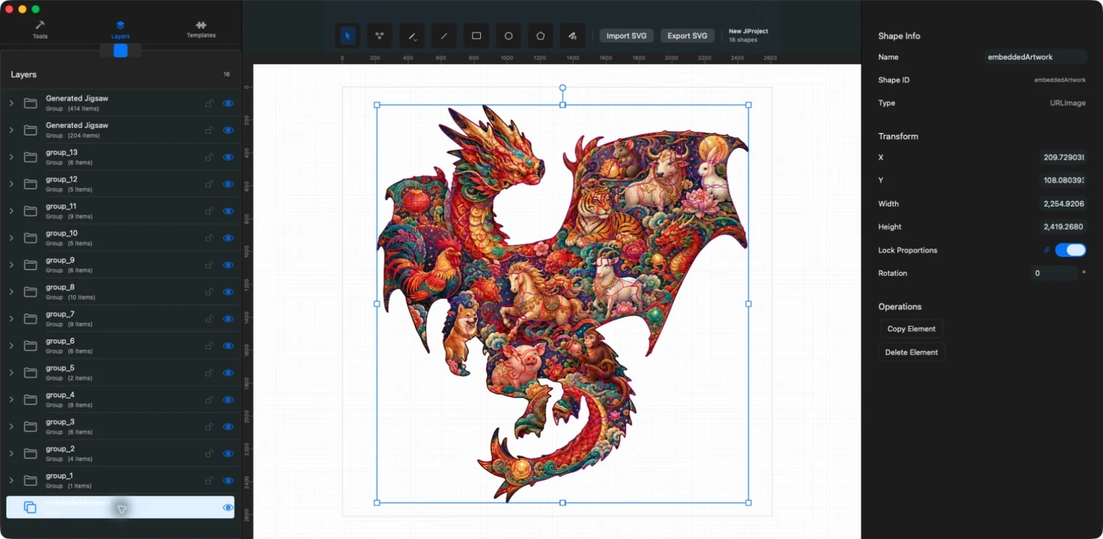 JigsawDesigner 中選取的複雜匯入 SVG，並顯示其圖層群組與尺寸
