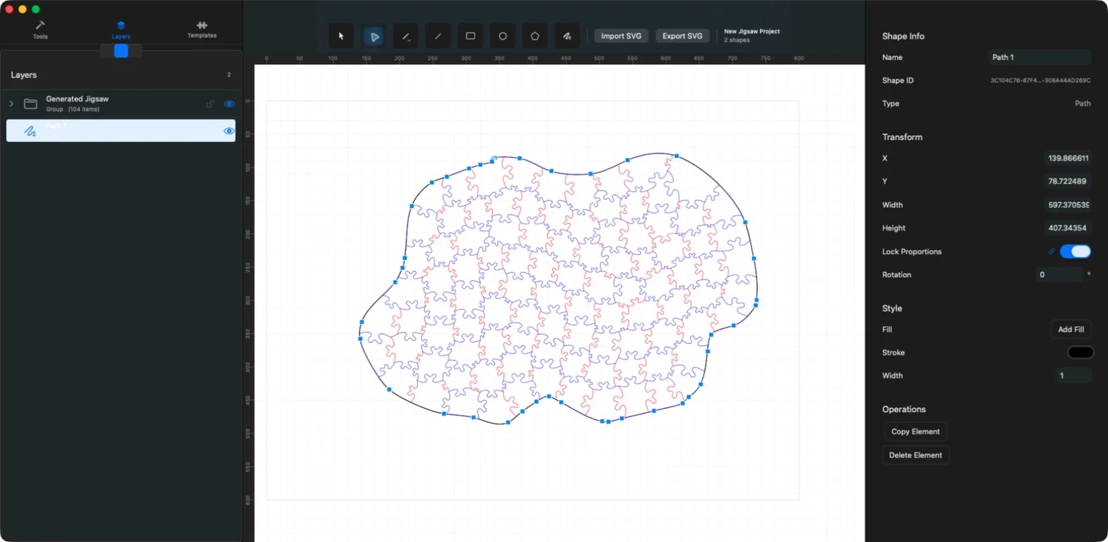 Boundary points selected for vector editing around generated puzzle cutlines in JigsawDesigner